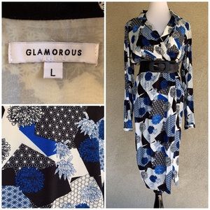 “Glamorous” Asian Print Crepe Faux Wrap Dress